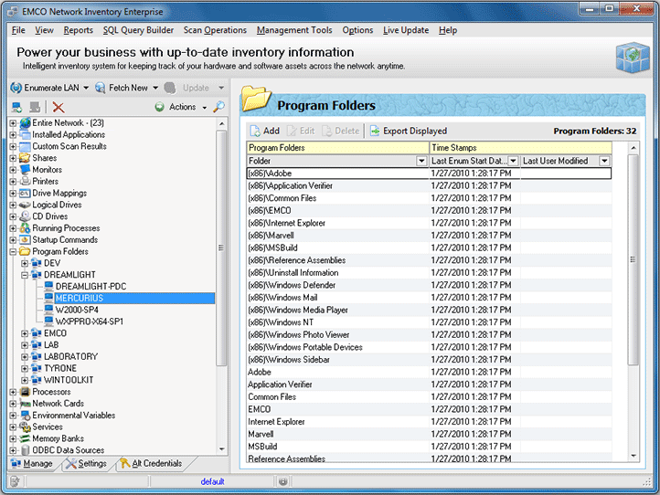 The list of program folders for the Machine