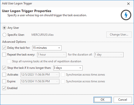 User Logon Trigger configuration