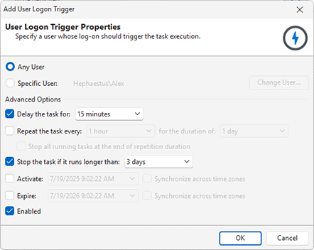 User Logon Trigger configuration User Logon Trigger configuration
