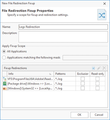 Configuring a file redirection fixup