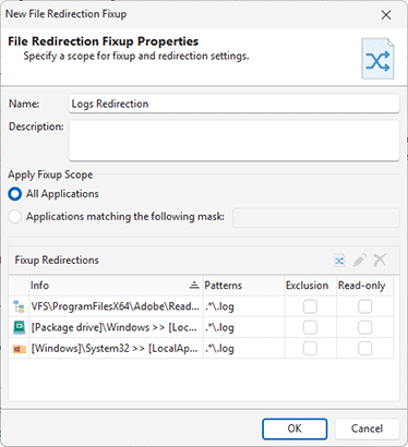 Configuring a file redirection fixup