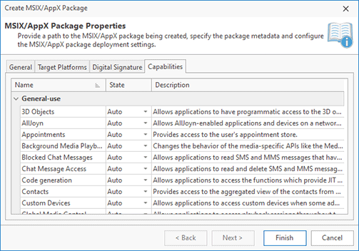 MSIX capabilities configuration