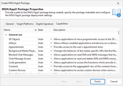 MSIX capabilities configuration