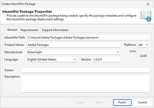 Specifying general IntuneWin package information