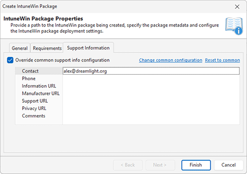 Specifying support information