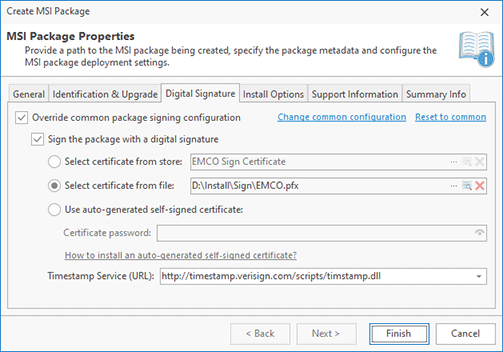 Overriding the common package signing options