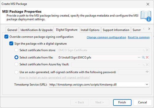 Overriding the common package signing options Overriding the common package signing options