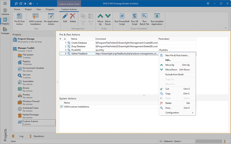 The Custom Actions view The Custom Actions view