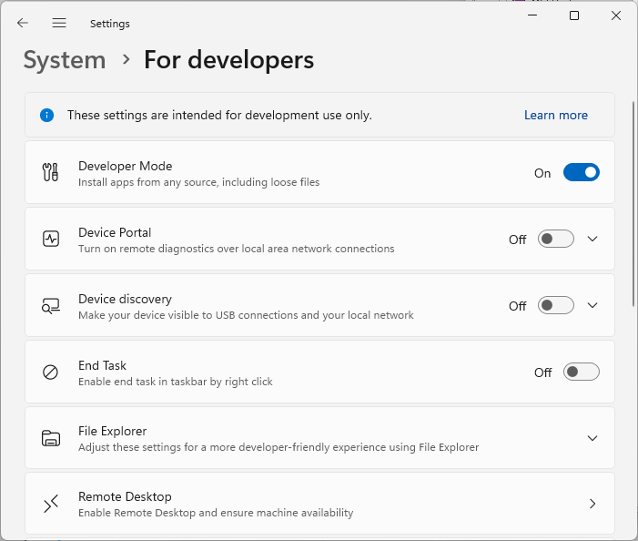 Enabling the Developer mode Enabling the Developer mode