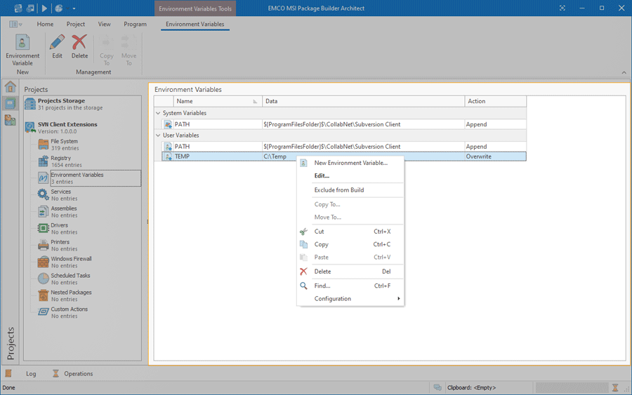 The Environment Variables view