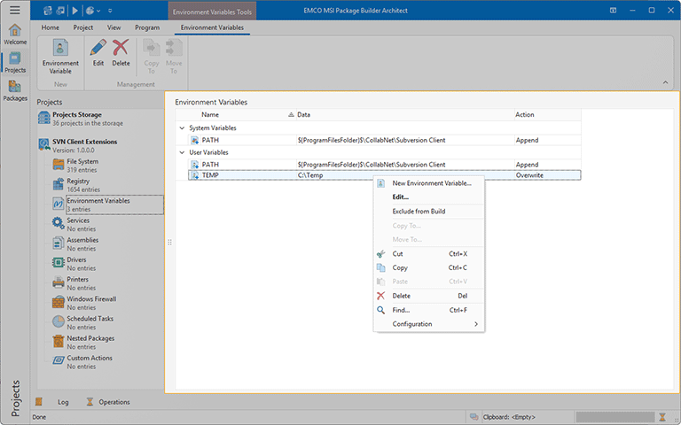 The Environment Variables view
