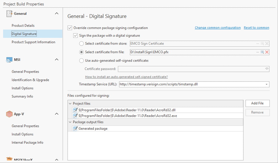 Signing project files