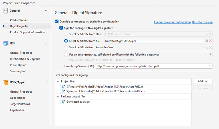 Signing project files Signing project files
