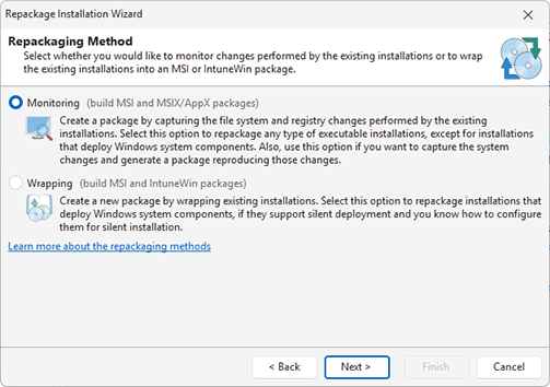 Choosing a repackaging mode