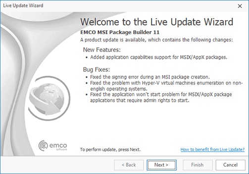 The Live Update Wizard welcome page The Live Update Wizard welcome page