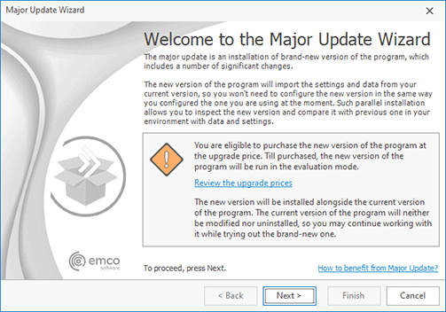 The Major Update Wizard welcome page