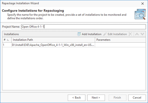 Specify the installation to be repackaged