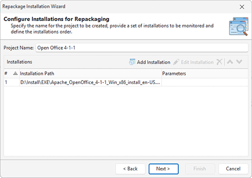 Specify the installation to be repackaged