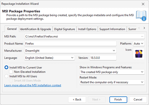 Specify the MSI properties