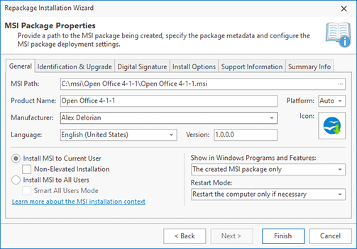 Specify the MSI properties