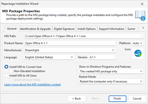 Specify the MSI properties
