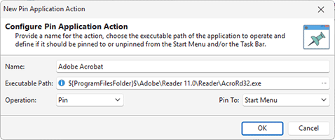 Creating a new Pin Application action Creating a new Pin Application action