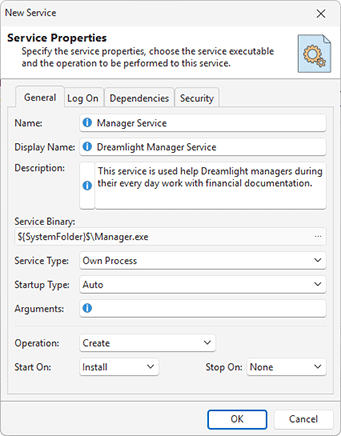 Adding a service to be created and started during a deployment package installation