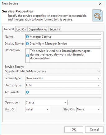 Adding a service to be created and started during a deployment package installation