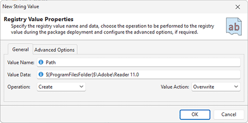 Adding a registry value modification to a project