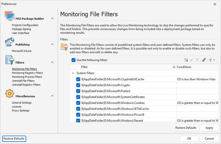Configuring Monitoring File Filters