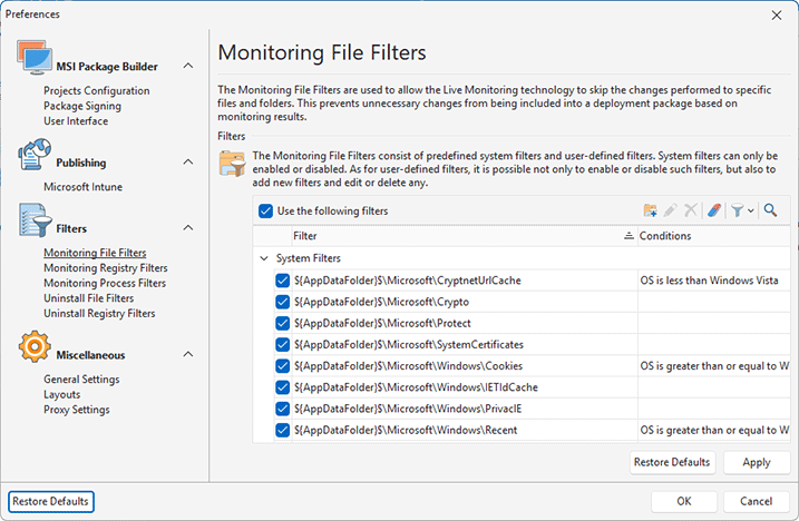 Configuring Monitoring File Filters