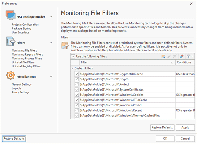 Configuring Monitoring File Filters