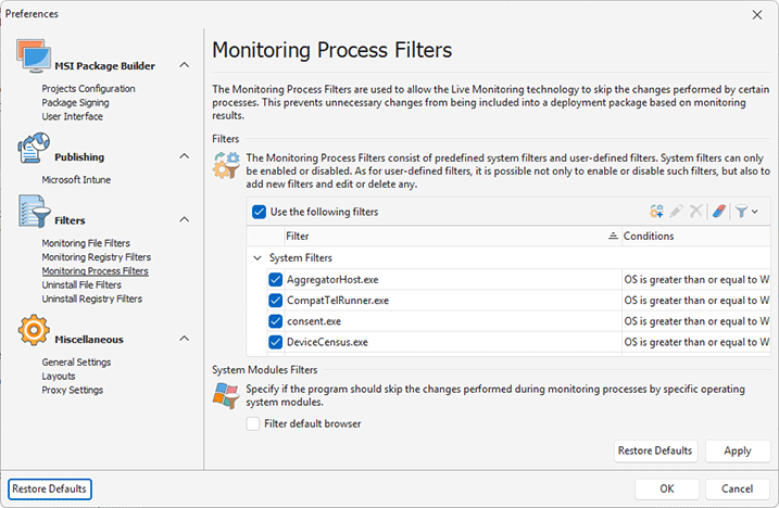 Configuring Monitoring Process Filters
