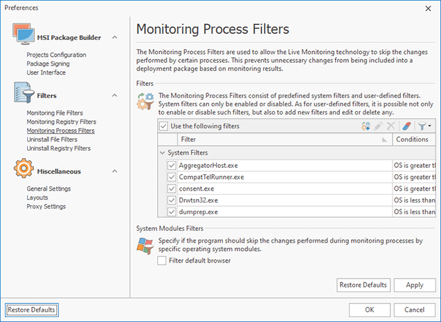 Configuring Monitoring Process Filters