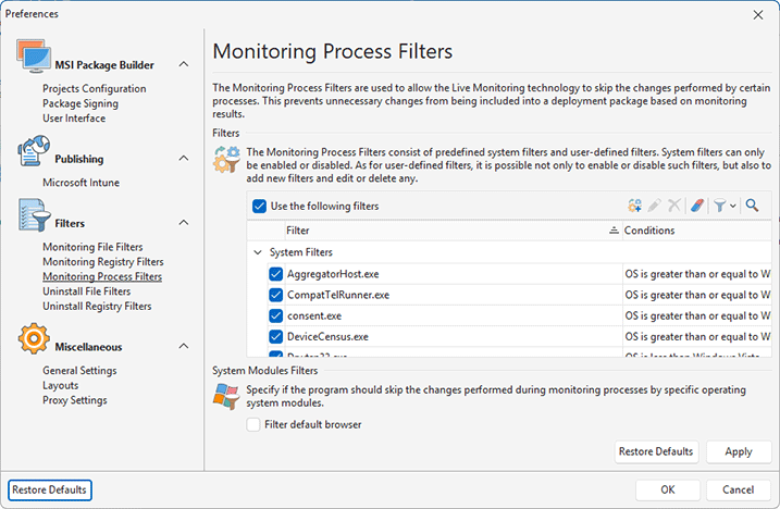 Monitoring Processes Filters Page - MSI Package Builder