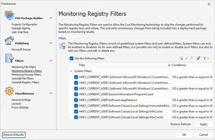 Configuring Monitoring Registry Filters