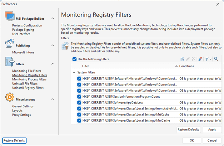Configuring Monitoring Registry Filters