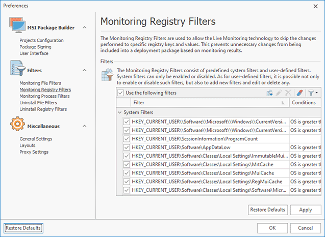 Configuring Monitoring Registry Filters