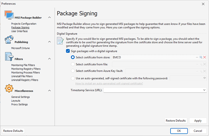 Configuring the package signing options