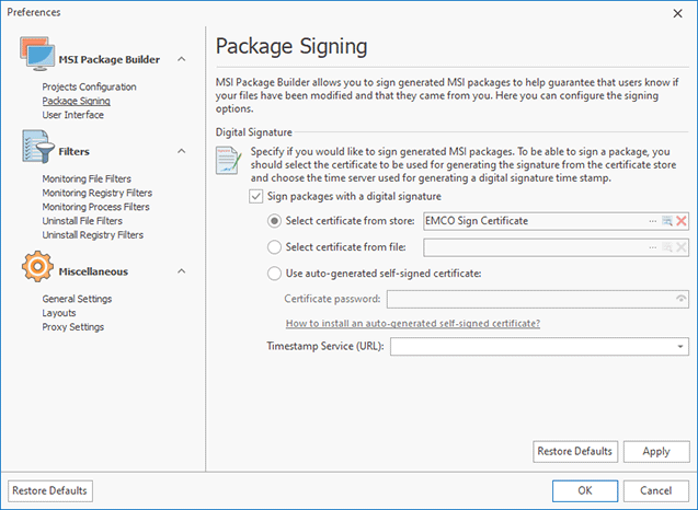 Configuring the package signing options