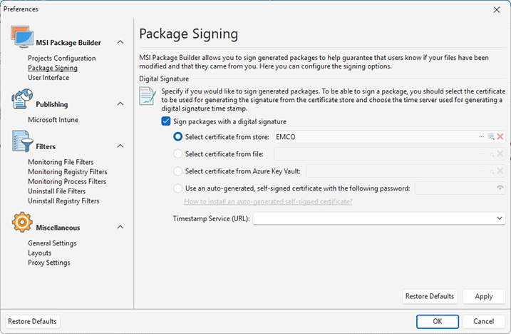 Configuring the package signing options Configuring the package signing options