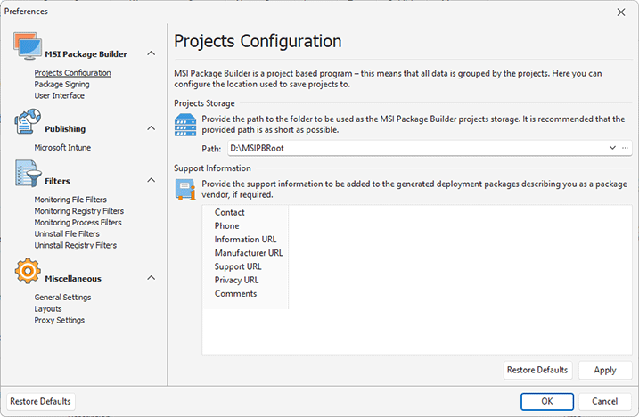 The Projects Configuration preference page