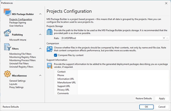 The Projects Configuration preference page