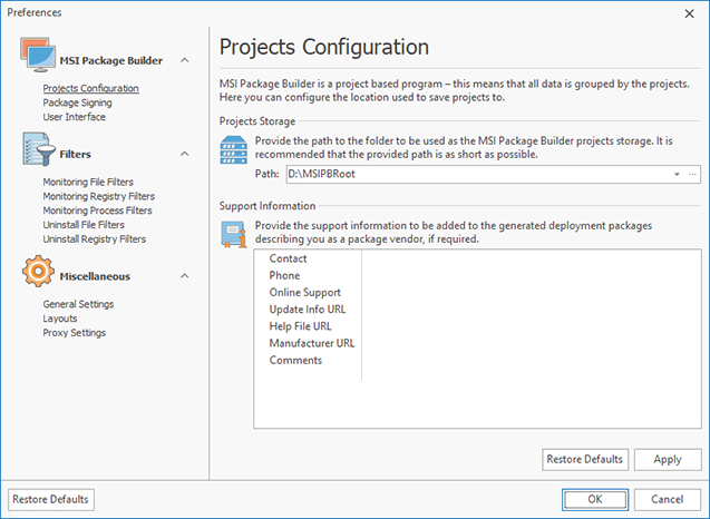 The Projects Configuration preference page