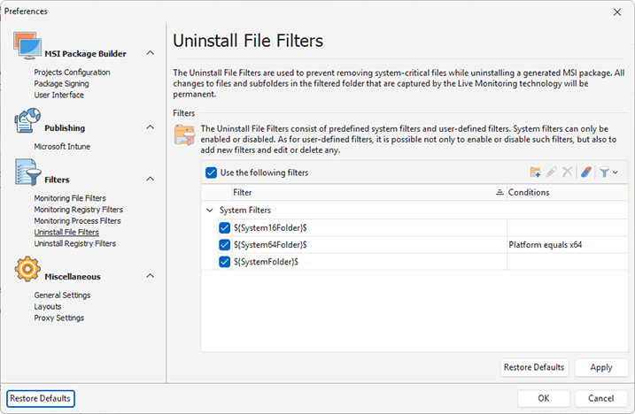 Configuring Uninstall File Filters
