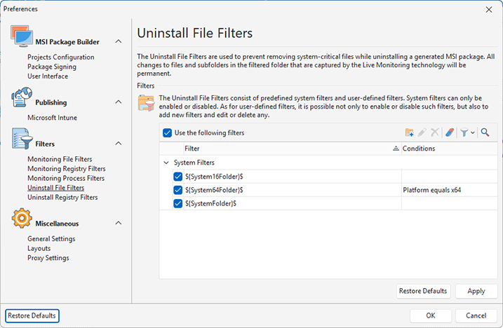 Configuring Uninstall File Filters