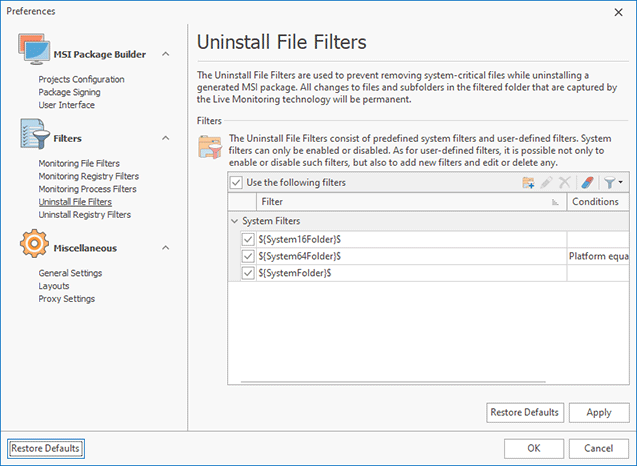 Configuring Uninstall File Filters