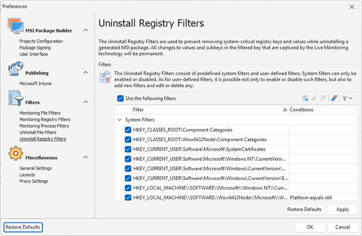Configuring Uninstall Registry Filters