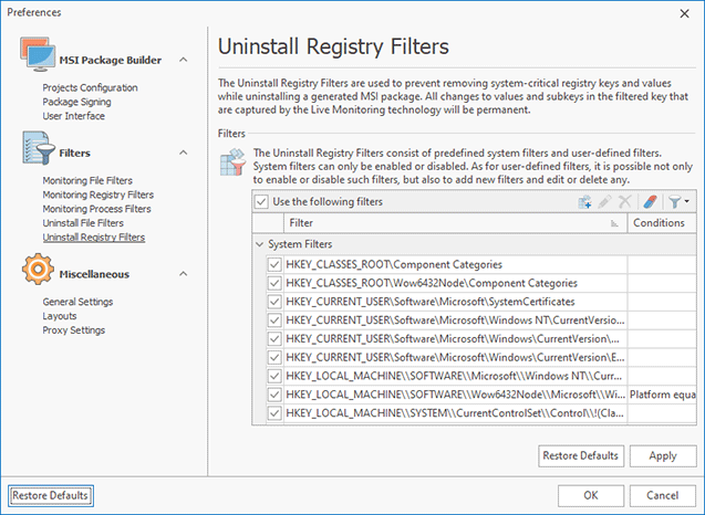 Configuring Uninstall Registry Filters