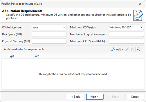 Configuring application requirements